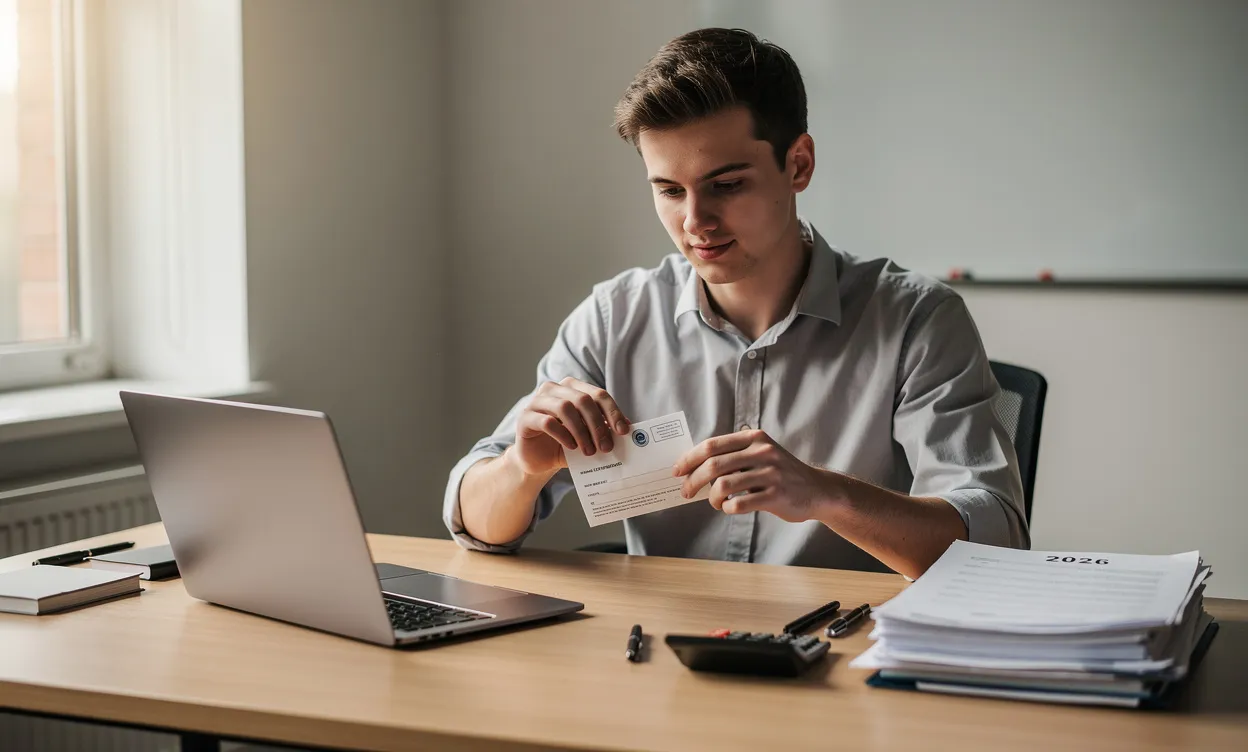 Un jeune apprenti ouvre une lettre officielle à un bureau ordonné avec un ordinateur portable, une calculatrice et des papiers datés de 2026, sous une lumière naturelle douce.