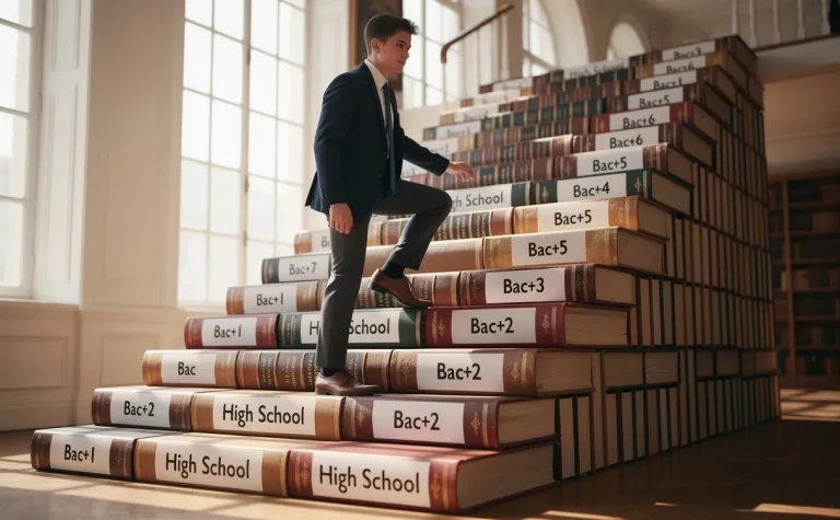 Un étudiant en tenue formelle gravit un escalier de livres représentant les étapes scolaires du lycée au bac+7, dans une lumière douce à travers de grandes fenêtres.