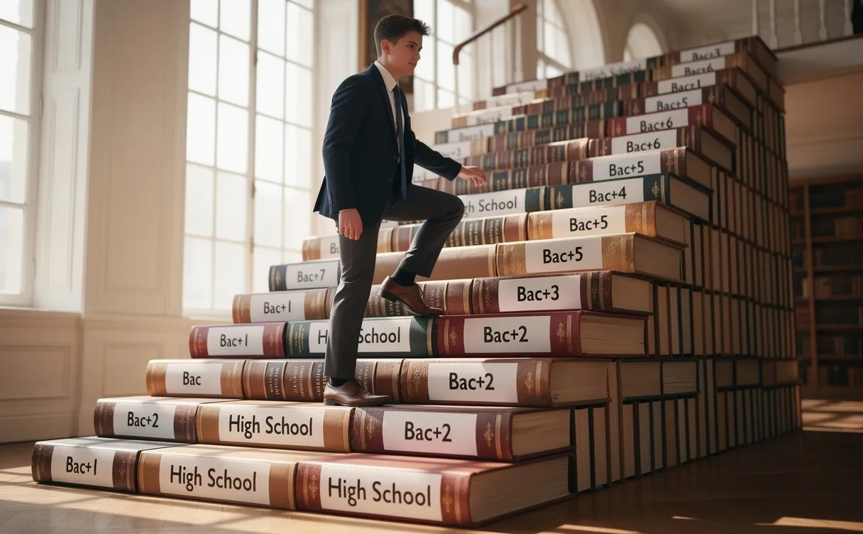 Un étudiant en tenue formelle gravit un escalier de livres représentant les étapes scolaires du lycée au bac+7, dans une lumière douce à travers de grandes fenêtres.