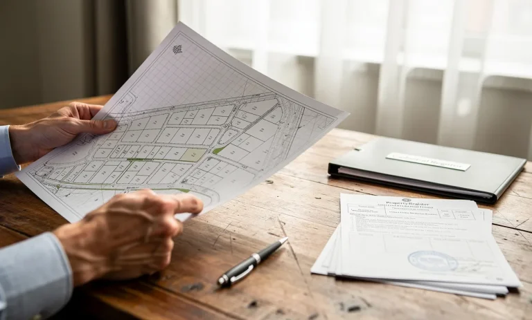 Une personne tient un plan cadastral détaillé au-dessus d’un bureau en bois avec des documents officiels et un stylo, à la lumière du jour.
