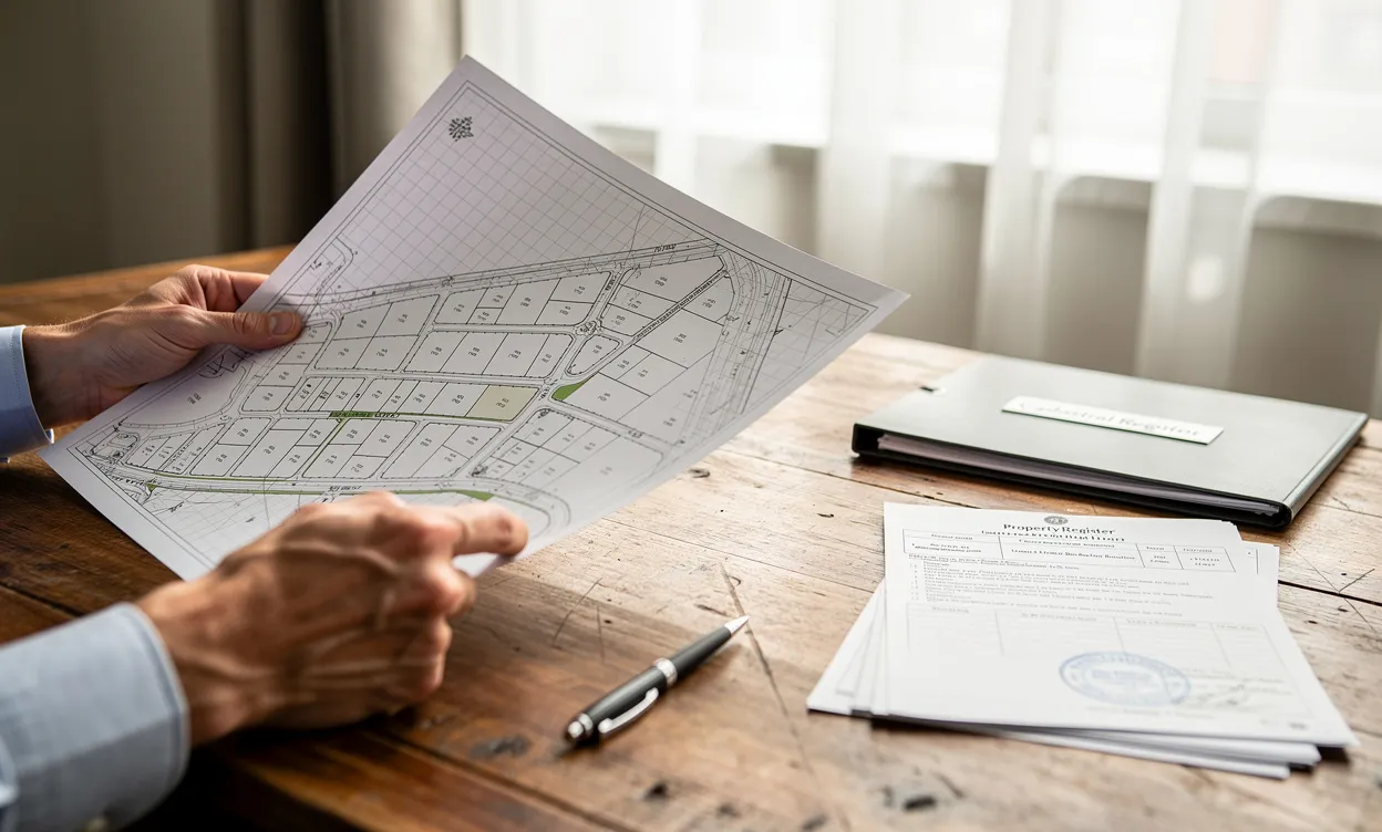 Une personne tient un plan cadastral détaillé au-dessus d’un bureau en bois avec des documents officiels et un stylo, à la lumière du jour.