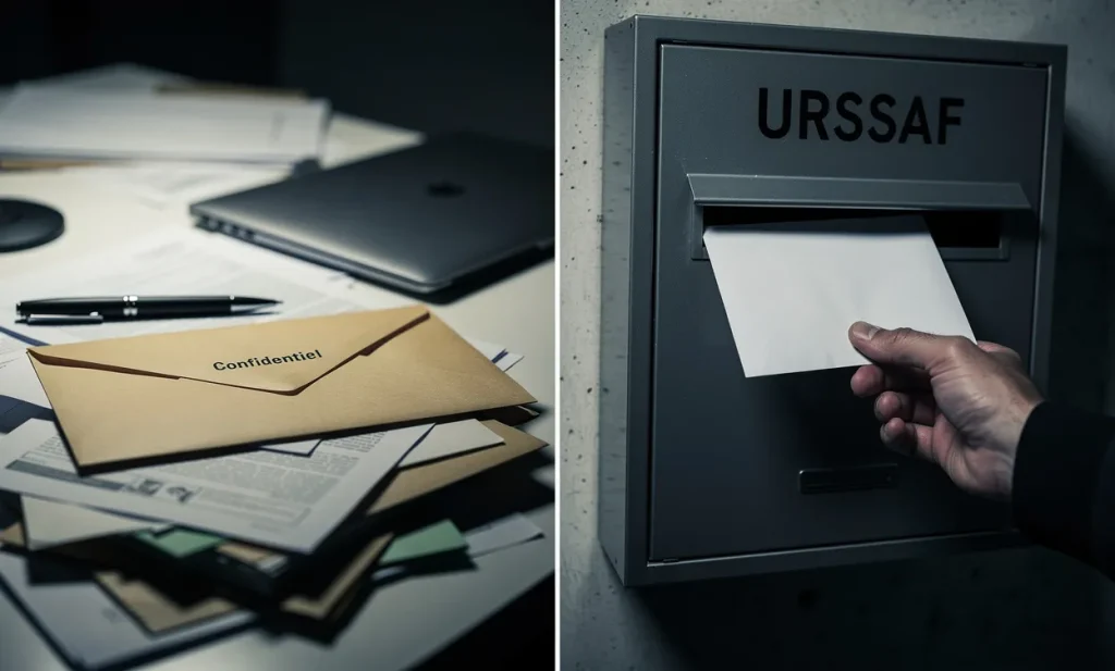Une main glisse discrètement une lettre anonyme dans une boîte aux lettres grise de l’URSSAF, sur fond de bureau faiblement éclairé.
