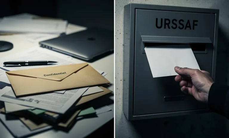 Une main glisse discrètement une lettre anonyme dans une boîte aux lettres grise de l’URSSAF, sur fond de bureau faiblement éclairé.