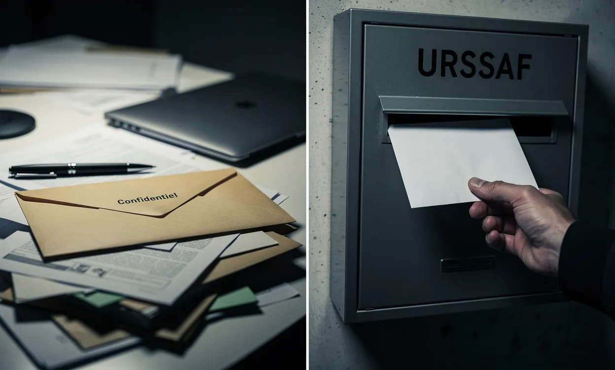Une main glisse discrètement une lettre anonyme dans une boîte aux lettres grise de l’URSSAF, sur fond de bureau faiblement éclairé.