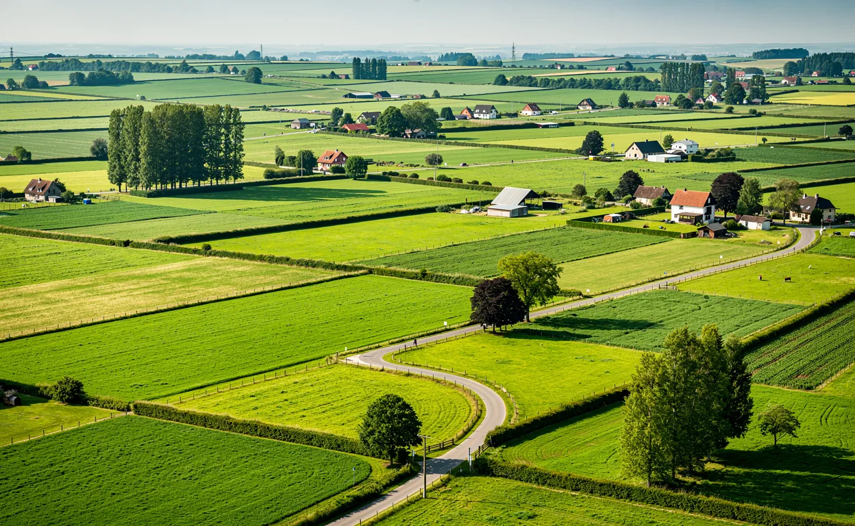 Vue aérienne photoréaliste de parcelles de verdure séparées par des limites nettes, avec des maisons rurales et des routes sinueuses sous un ciel dégagé.