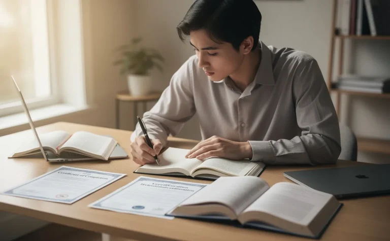 Une personne pensive est assise à un bureau avec des manuels ouverts et des certificats, baignée par une lumière naturelle douce près d’une fenêtre.