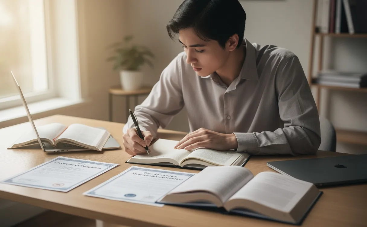 Une personne pensive est assise à un bureau avec des manuels ouverts et des certificats, baignée par une lumière naturelle douce près d’une fenêtre.