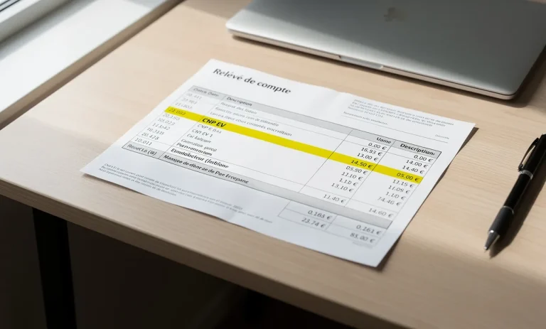 Relevé bancaire français posé sur un bureau moderne, avec la mention "CNP EV debit" surlignée en jaune sous une lumière douce.
