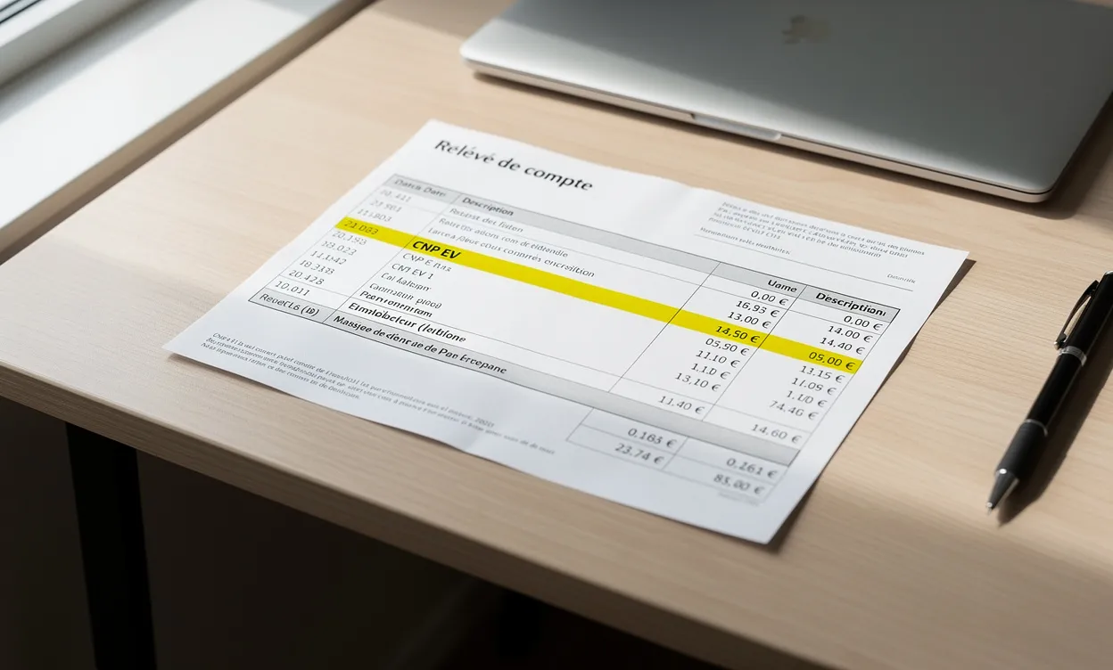 Relevé bancaire français posé sur un bureau moderne, avec la mention "CNP EV debit" surlignée en jaune sous une lumière douce.