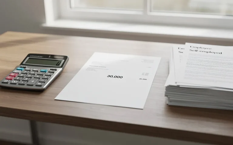 Un bureau organisé avec une calculatrice, une fiche de paie indiquant 30 000, et des documents séparés intitulés "salarié" et "indépendant" sous une lumière naturelle douce.