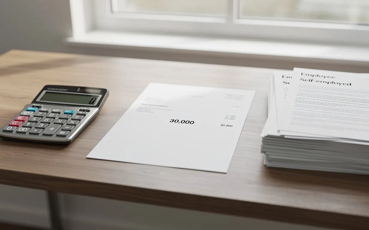 Un bureau organisé avec une calculatrice, une fiche de paie indiquant 30 000, et des documents séparés intitulés "salarié" et "indépendant" sous une lumière naturelle douce.