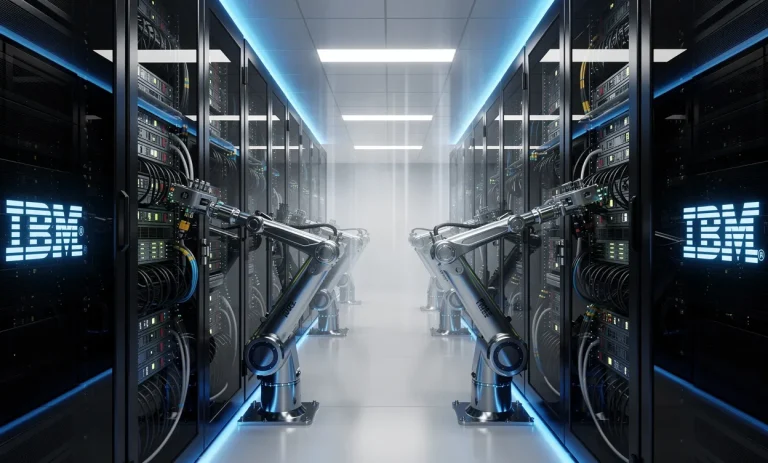 Salle de serveurs moderne avec logos IBM lumineux, bras robotiques manipulant des câbles et atmosphère éclairée de bleu.