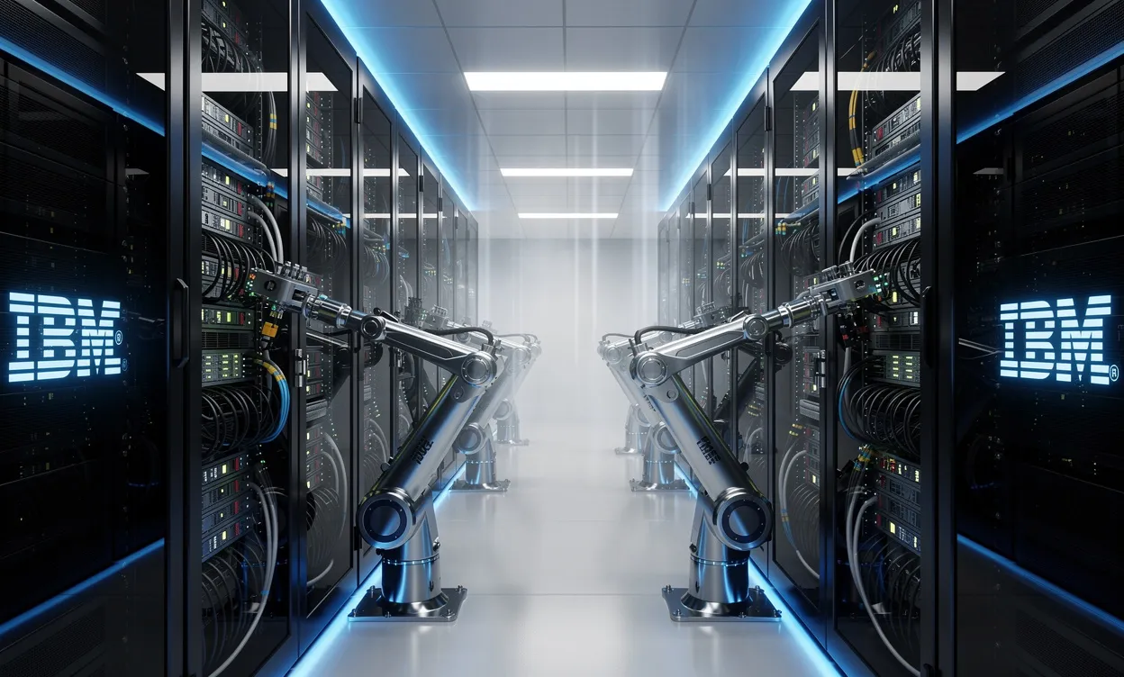 Salle de serveurs moderne avec logos IBM lumineux, bras robotiques manipulant des câbles et atmosphère éclairée de bleu.