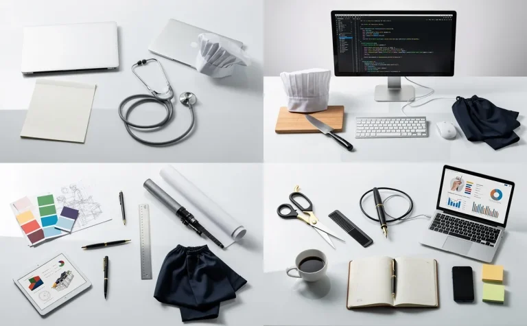 Huit espaces de travail modernes avec des objets symboliques comme un stéthoscope, une toque de chef, un écran affichant du code et des ciseaux, disposés sur un bureau lumineux sous une lumière douce.