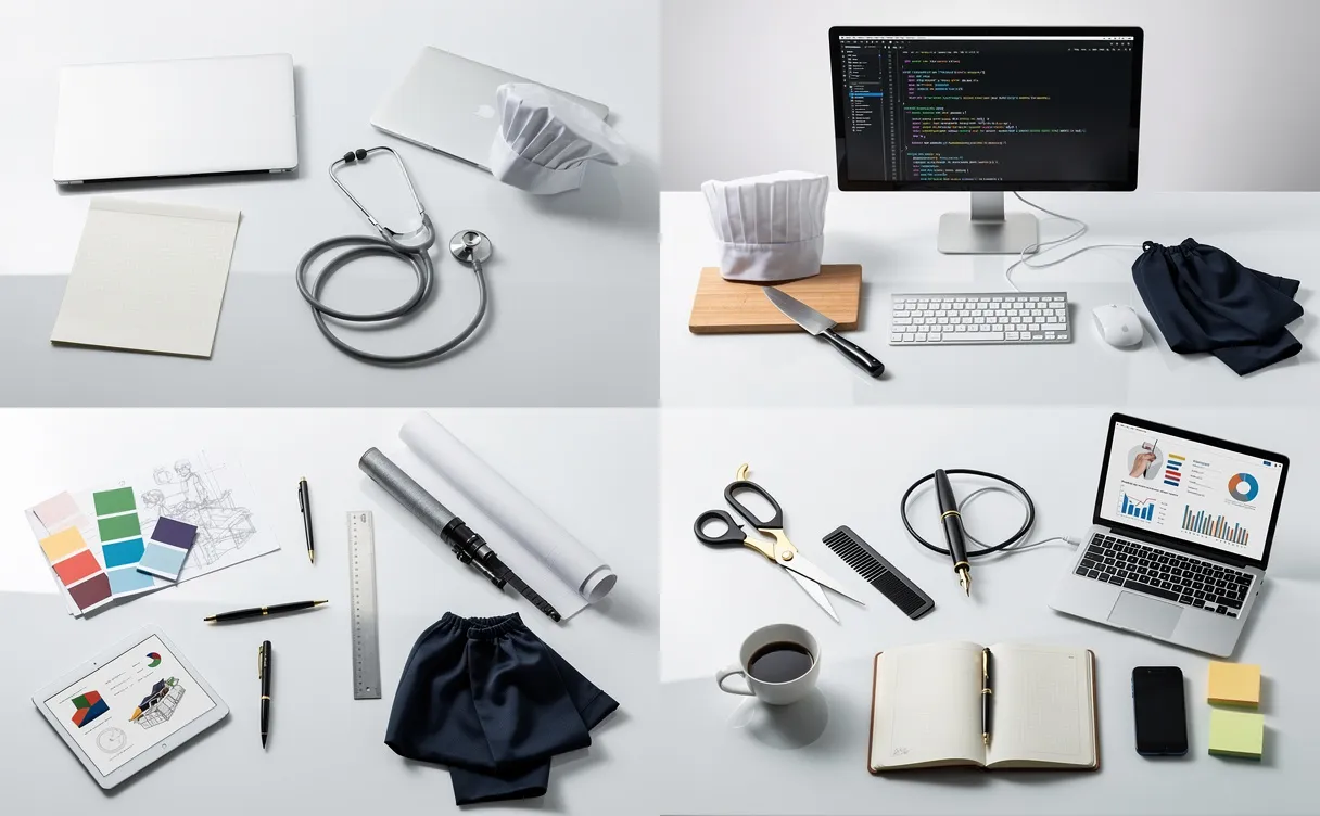 Huit espaces de travail modernes avec des objets symboliques comme un stéthoscope, une toque de chef, un écran affichant du code et des ciseaux, disposés sur un bureau lumineux sous une lumière douce.