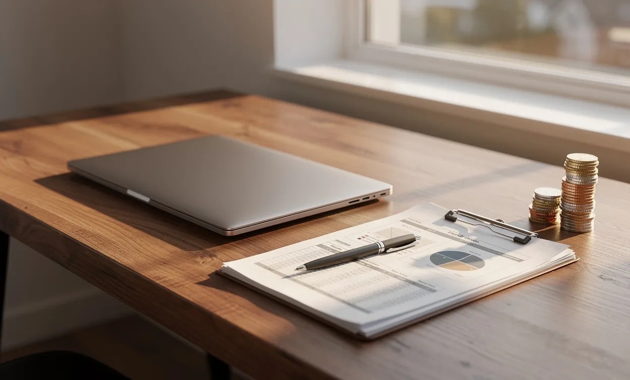 Un bureau en bois bien rangé avec un ordinateur portable fermé, des documents financiers et une pile de pièces, éclairé par la lumière douce du matin.