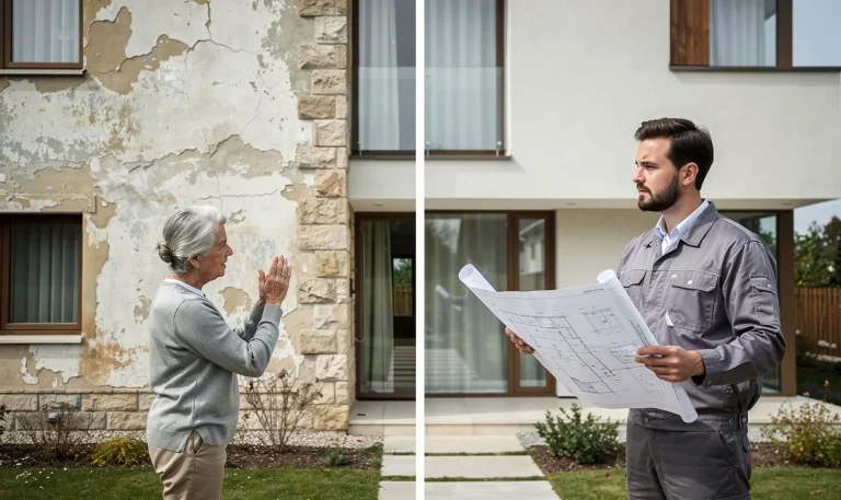 Maison élégante partagée en deux, avec une personne âgée examinant les murs d’un côté et une personne jeune tenant des plans de rénovation de l’autre.