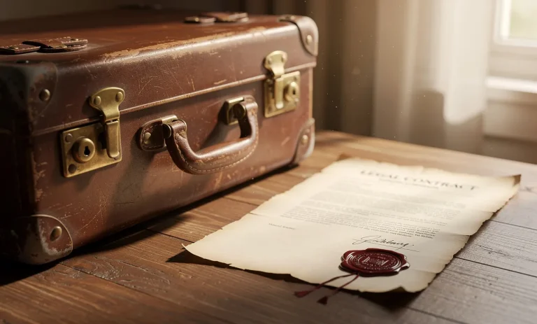 Une valise en cuir ancien posée à côté d’un document légal tamponné, baignée par une lumière naturelle douce près d’une fenêtre.