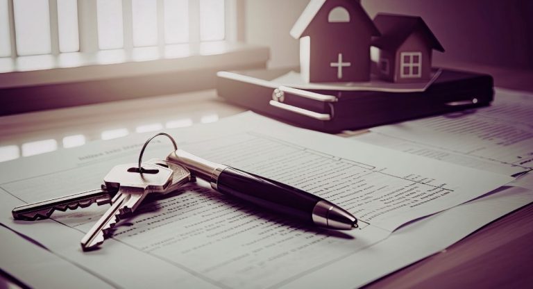 Clés de maison et documents notariés posés sur un bureau en bois