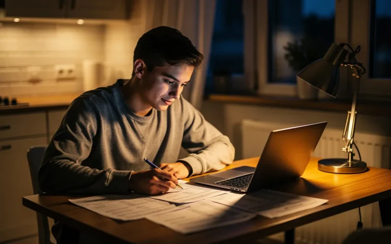 Un jeune apprenti assis à une table de cuisine le soir examine des documents financiers et un ordinateur portable sous la lumière dorée d’une lampe de bureau.