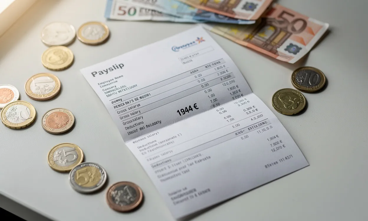Un bulletin de salaire ouvert affiche 1944 euros en gras sur un bureau avec des pièces et billets d'euros à la lumière naturelle.