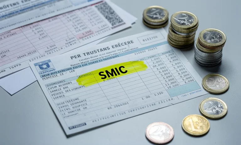Une fiche de paie mentionnant le SMIC est posée sur un bureau, entourée de pièces en euros empilées et de papiers sous une lumière froide.