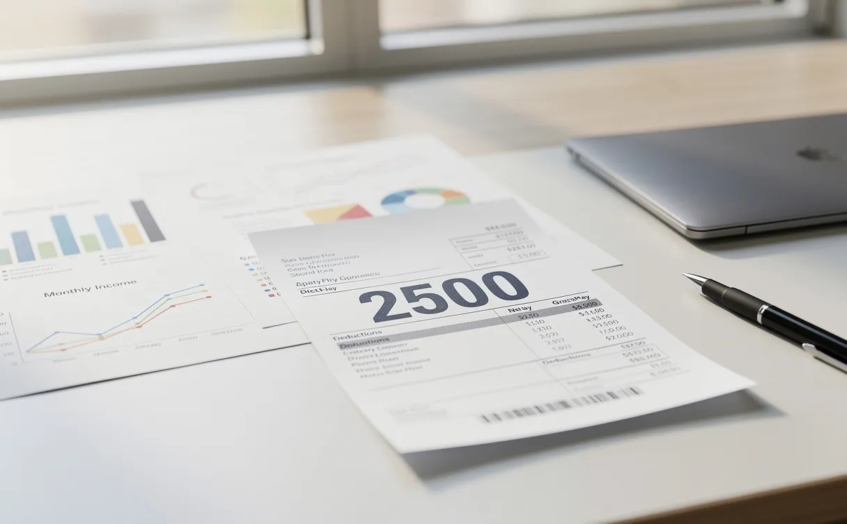 Un bulletin de paie affichant 2500 en gras repose sur un bureau moderne entouré de graphiques financiers sous une lumière douce.