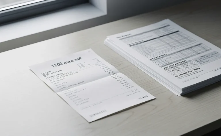 Un bulletin de paie indiquant 1800 euros net est posé sur un bureau à côté de documents fiscaux et de frais professionnels, sous une lumière naturelle.