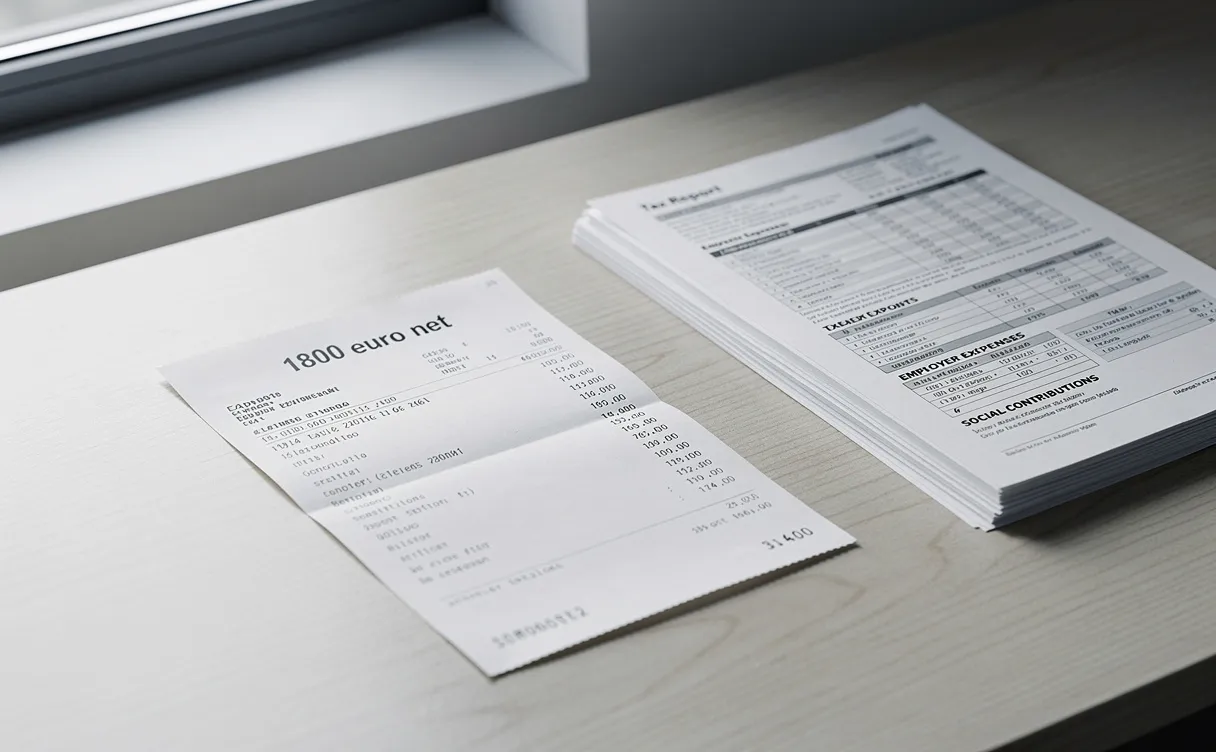 Un bulletin de paie indiquant 1800 euros net est posé sur un bureau à côté de documents fiscaux et de frais professionnels, sous une lumière naturelle.