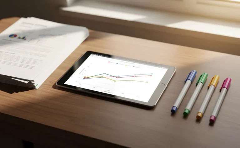 Un bureau en bois bien rangé avec des documents empilés, une tablette affichant un graphique, cinq marqueurs colorés alignés et un rayon de soleil traversant la fenêtre.