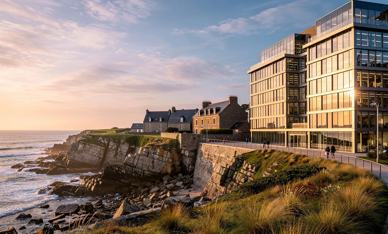 Des immeubles de bureaux modernes aux façades vitrées se dressent au bord d’une côte bretonne sous une lumière dorée.