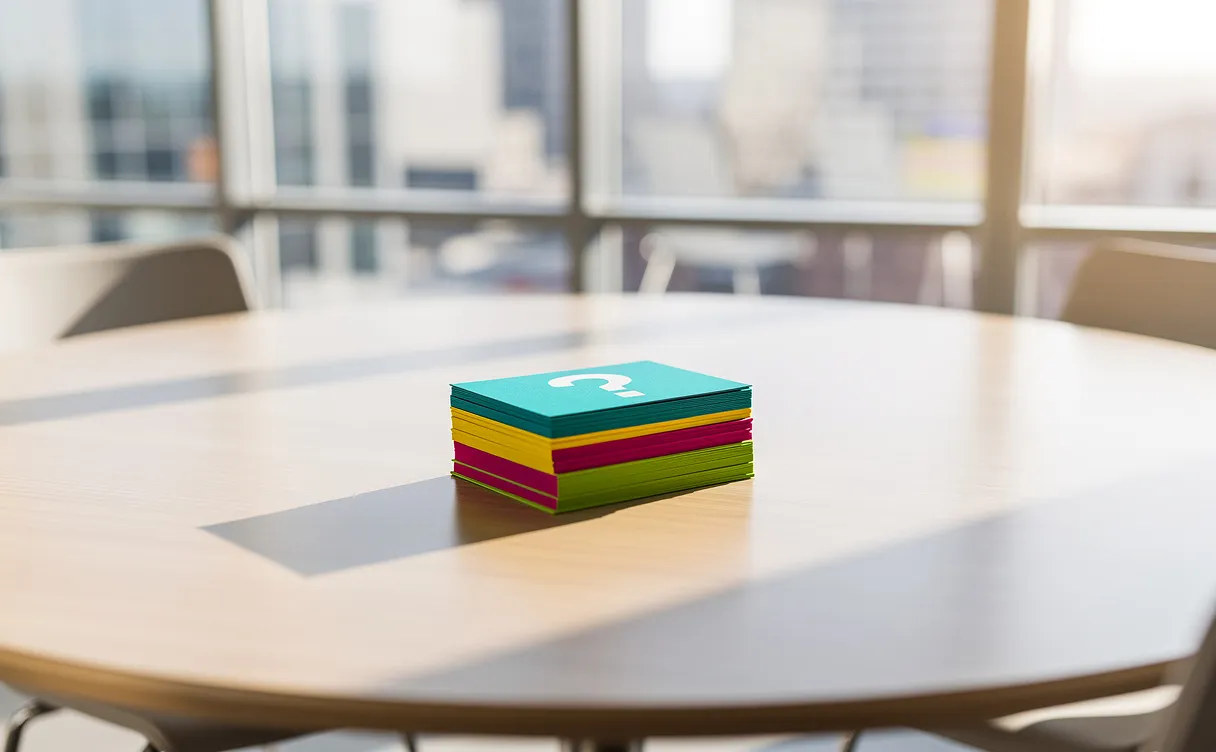 Une table ronde de réunion baignée de lumière naturelle avec un petit tas de cartes colorées au centre.
