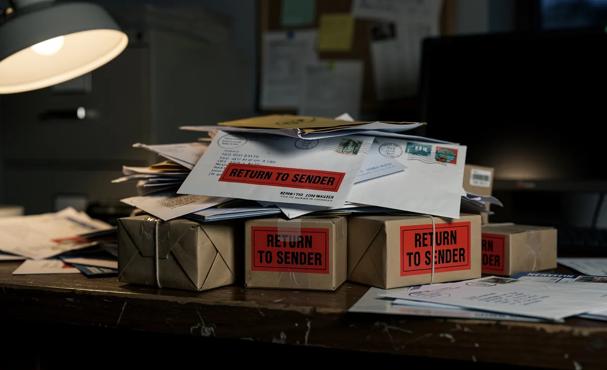 Une pile de courriers non distribués avec des étiquettes rouges "retour à l'expéditeur" repose sur un bureau faiblement éclairé dans un bureau silencieux.