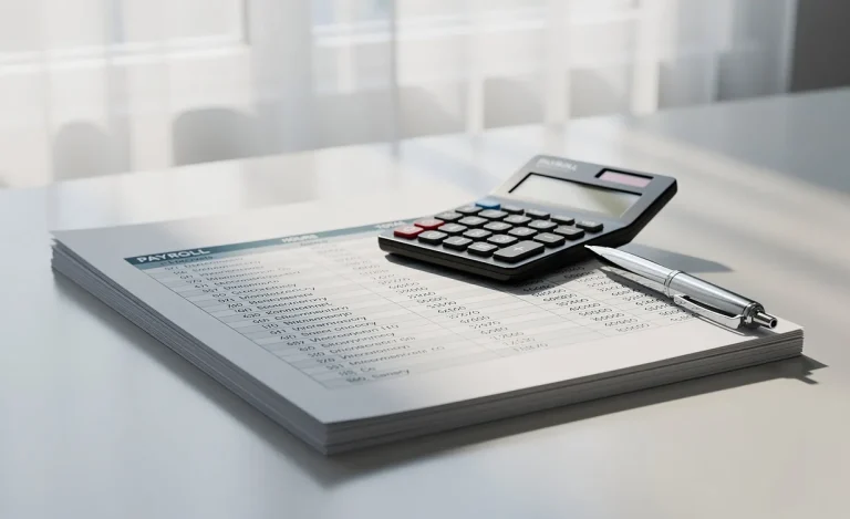 Des documents de paie soigneusement empilés avec une calculatrice et un stylo posés sur un bureau moderne sous la lumière du jour.