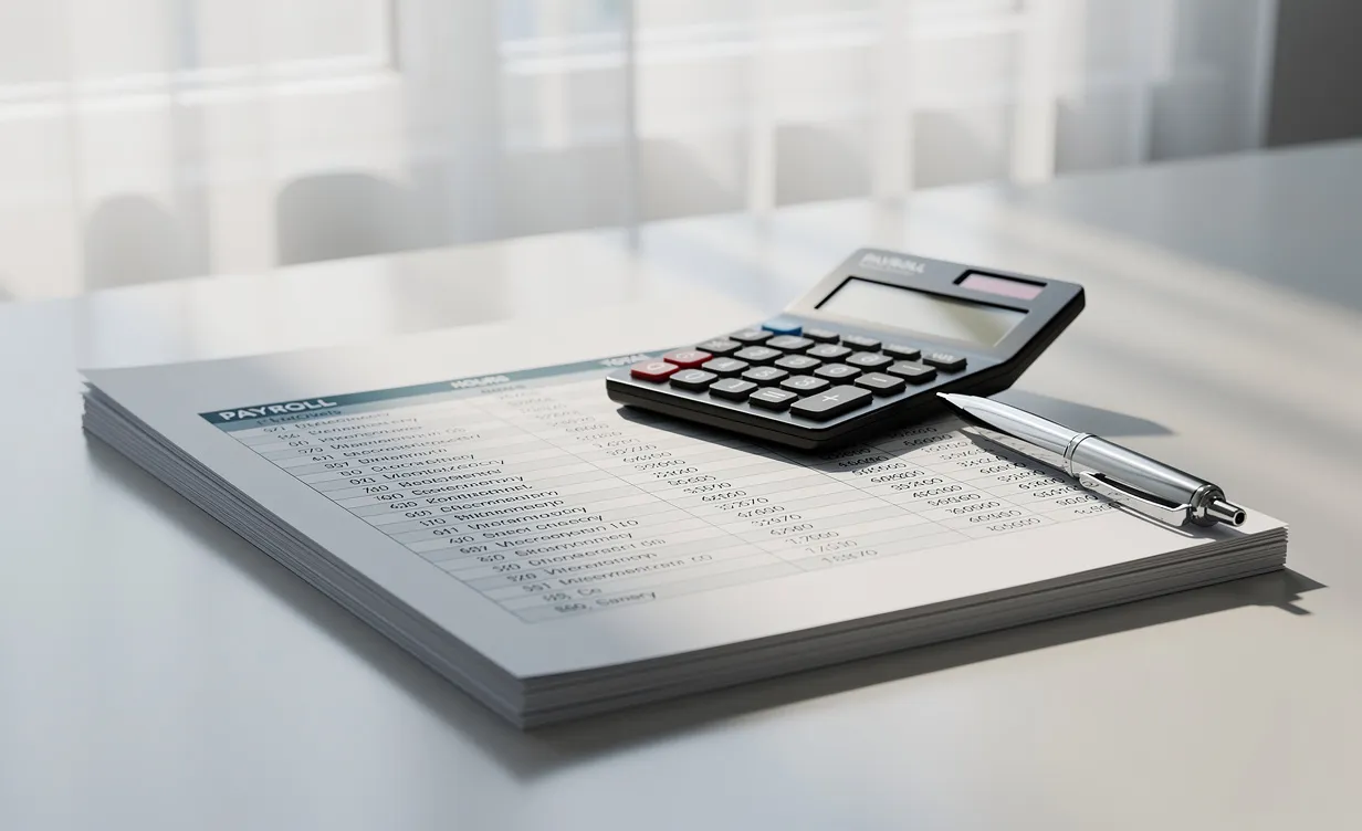 Des documents de paie soigneusement empilés avec une calculatrice et un stylo posés sur un bureau moderne sous la lumière du jour.