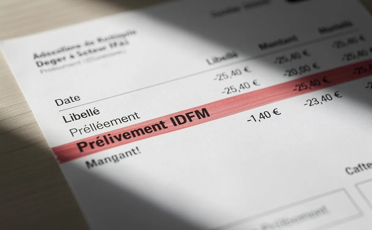 Gros plan photoréaliste d’un relevé bancaire français où la mention "Prélèvement IDFM" est surlignée en rouge.