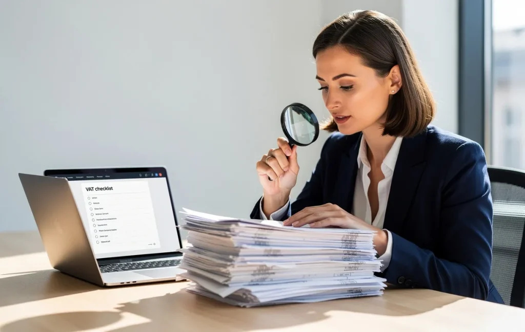 Une femme d’affaires examine des factures à la loupe sur un bureau moderne, avec une liste de TVA affichée sur l’écran de son ordinateur portable.
