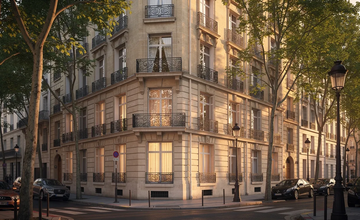 Un élégant immeuble parisien aux balcons en fer forgé et grandes fenêtres se dresse sur une rue bordée d’arbres dans le 5e arrondissement au coucher du soleil.