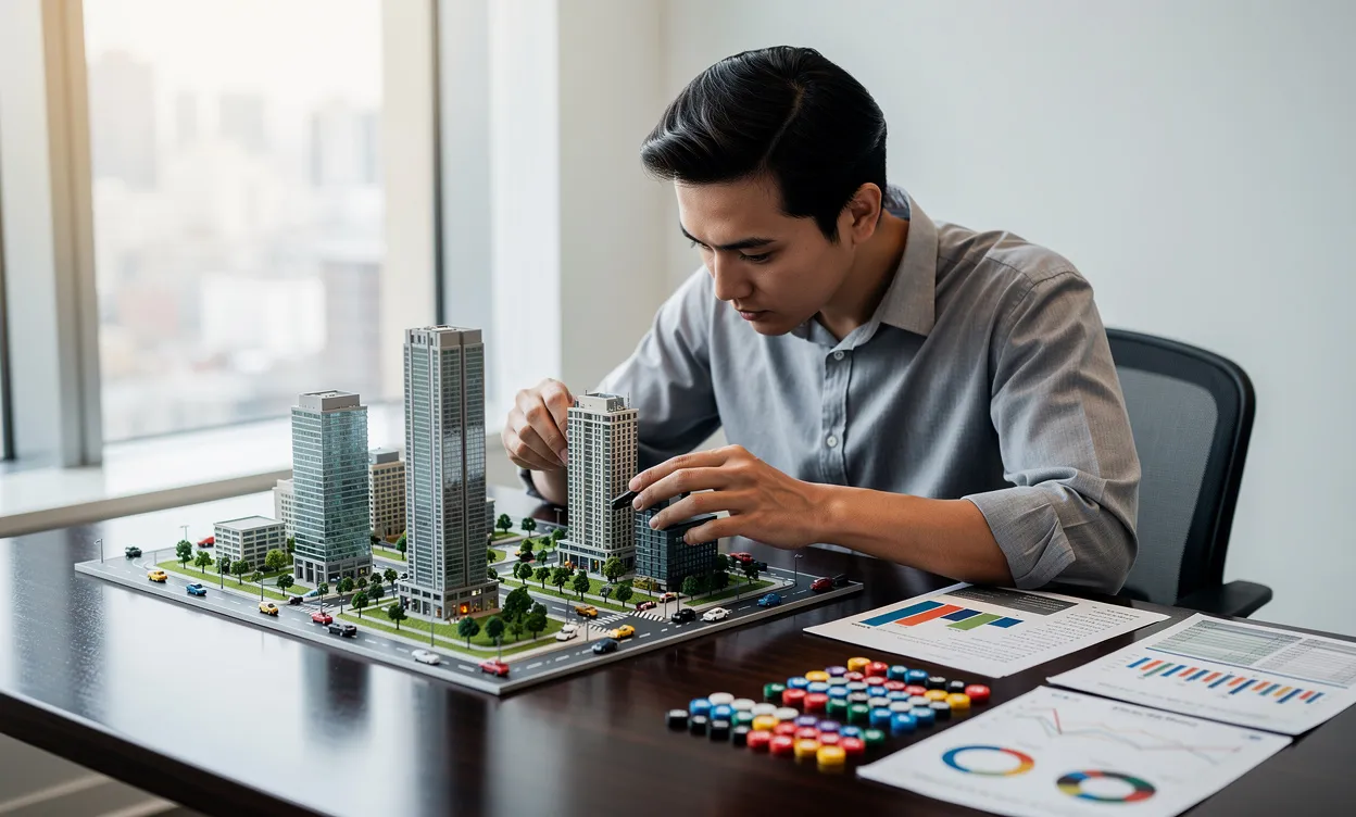 Une personne gère minutieusement une ville miniature sur un bureau élégant, entourée de graphiques et de jetons de ressources sous une lumière douce venant d’une fenêtre.