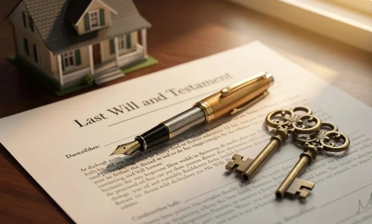 Un stylo ancien repose sur un testament ouvert à côté de deux clés antiques et d’une petite maison, éclairés par une lumière douce.