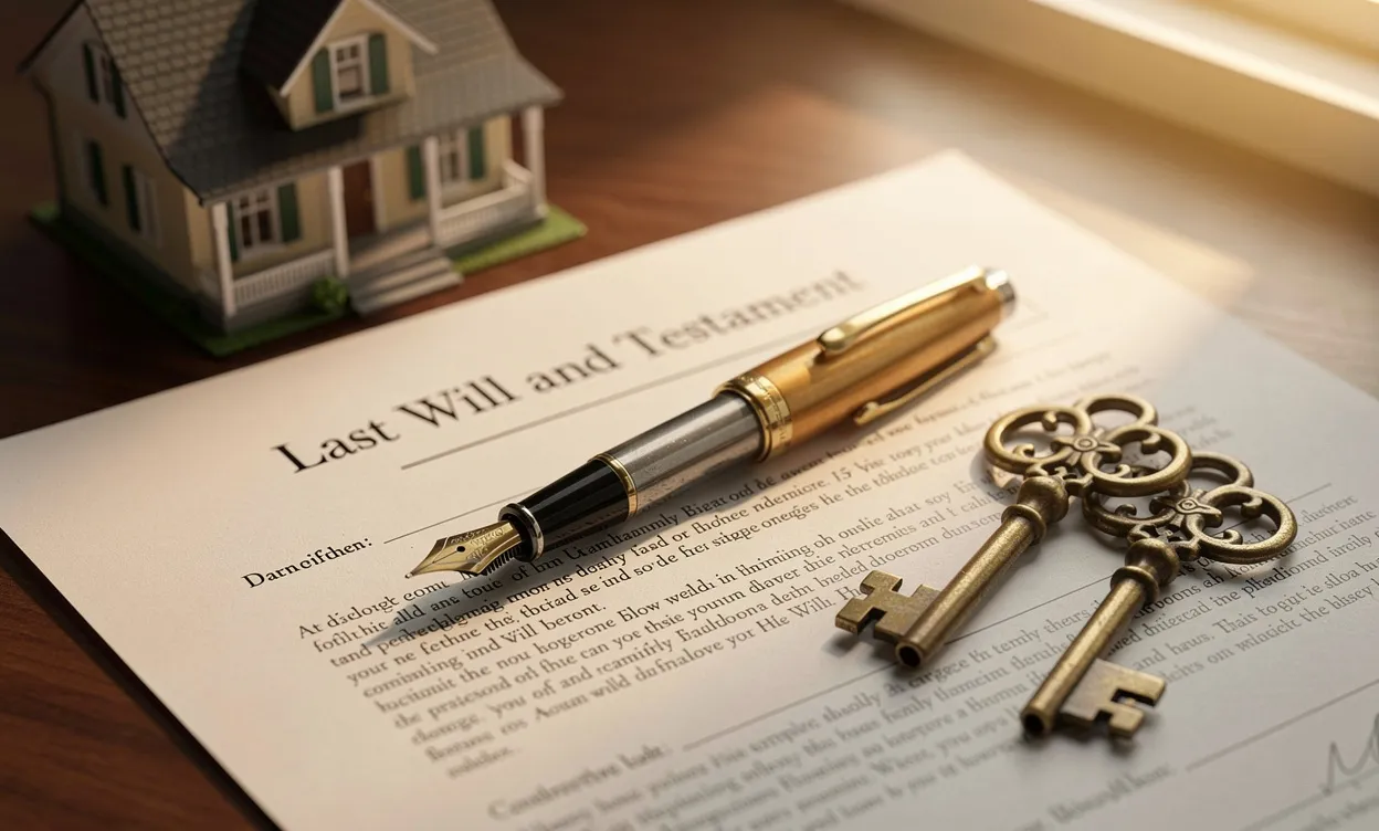 Un stylo ancien repose sur un testament ouvert à côté de deux clés antiques et d’une petite maison, éclairés par une lumière douce.