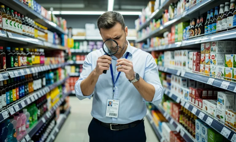 Un inspecteur examine attentivement les étiquettes des produits dans une allée de supermarché moderne, tenant une loupe devant des rayons bien garnis.
