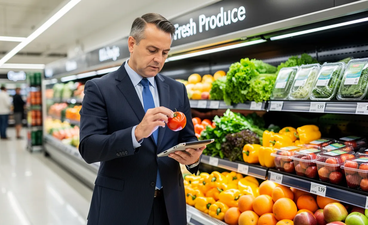 Un inspecteur en costume examine des fruits et légumes frais dans une allée de supermarché moderne et lumineuse.