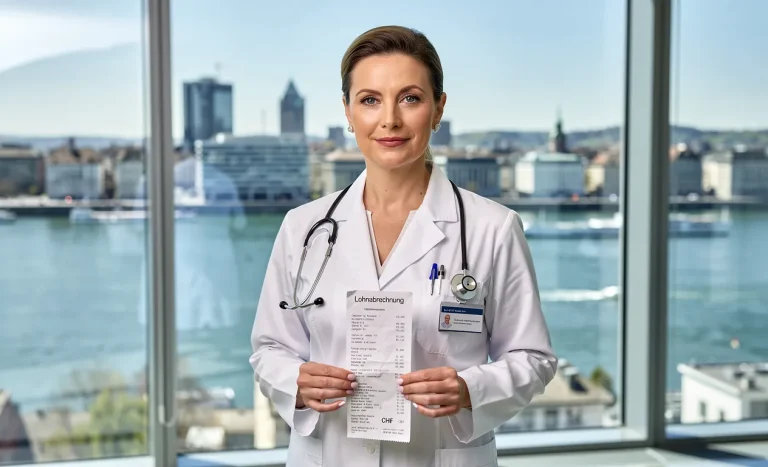 Un médecin suisse en blouse blanche tient une fiche de paie en francs devant une grande fenêtre avec vue sur Zurich.