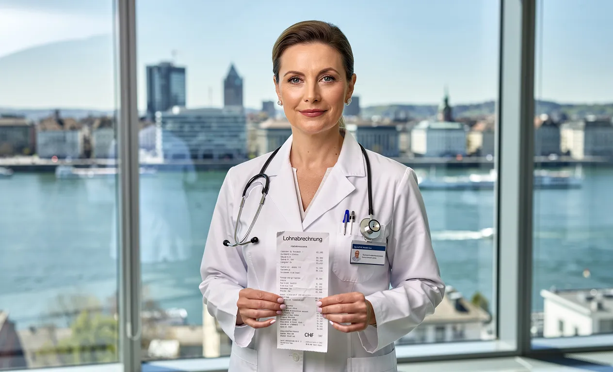Un médecin suisse en blouse blanche tient une fiche de paie en francs devant une grande fenêtre avec vue sur Zurich.