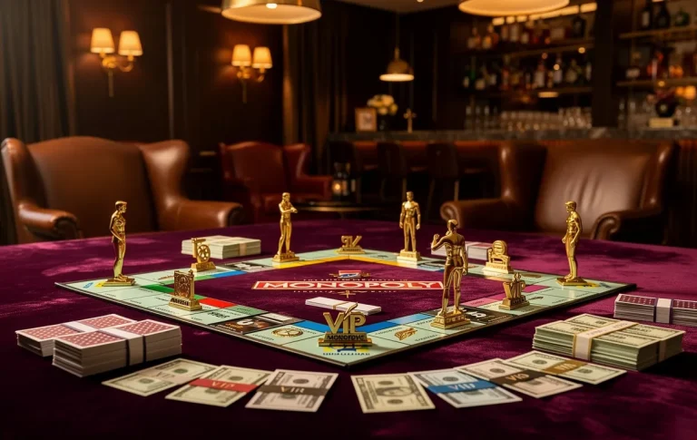 Un plateau de Monopoly raffiné avec des pions dorés et des cartes sur une table en velours dans un salon luxueux, sous une lumière tamisée.