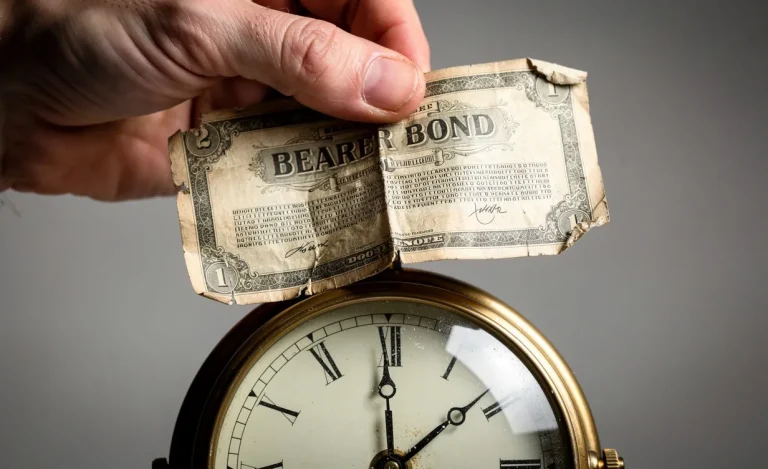 Une main tient un vieux bon au porteur aux bords fanés au-dessus d’une horloge ancienne indiquant que le temps s’écoule.