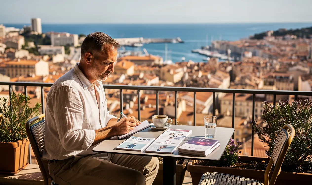 Un homme pensif est assis sur une terrasse ensoleillée face à la mer et à la ville de Marseille, examinant des brochures de coaching avec un carnet à la main.