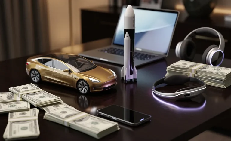 Une Tesla dorée est garée près d’une maquette de fusée SpaceX sur un bureau lustré entouré de liasses de billets et de gadgets lumineux.