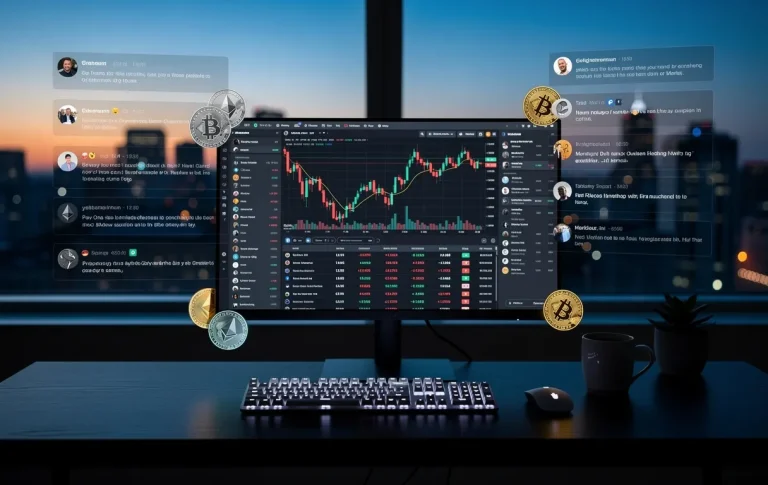 Un bureau numérique moderne au crépuscule montre un écran d’ordinateur illuminé avec des graphiques boursiers et des cryptomonnaies devant des fils de discussion en ligne.